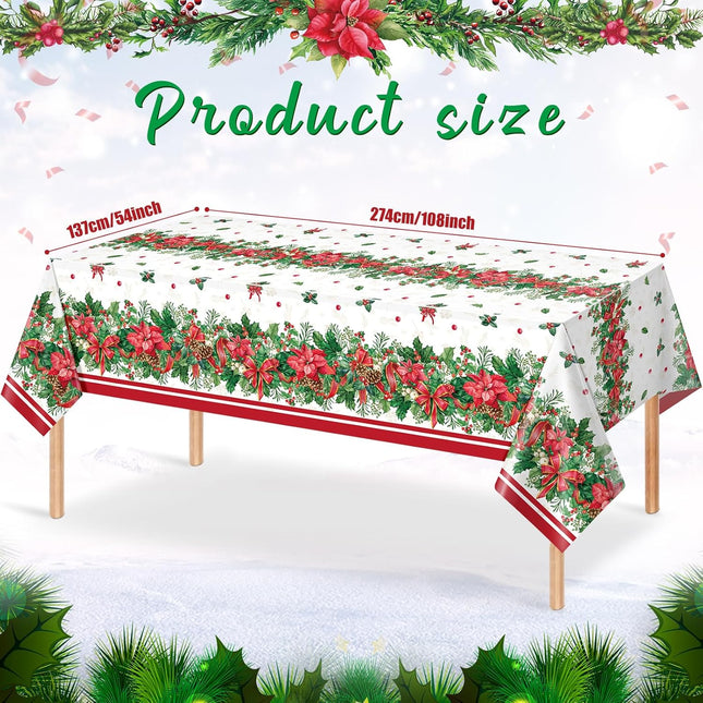 12Pcs Christmas Holly Poinsettia Tablecloths, Holly Berry Red Ribbon Table Cloth Disposable Rectangle Plastic Holly Poinsettia Table Covers for Xmas Holiday Party Decorations and Supplies,54x108inch