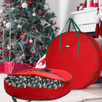 1 Pcs 60 Inch Christmas Wreath Storage Bag Zippered Garland Holiday Container with Reinforced Handle Tear Resistant 600d Oxford Wreath Organizer Christmas Wreath Holder with Card (Red)
