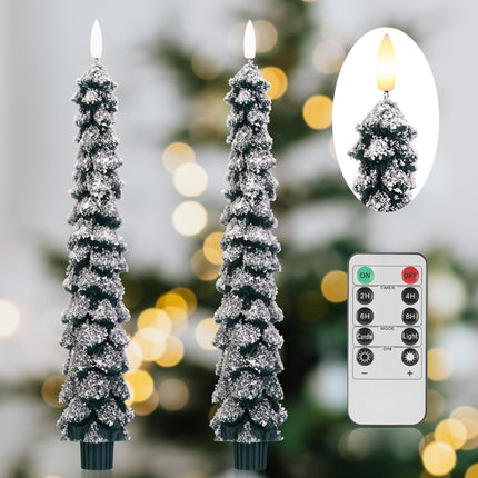 Christmas Tree Candles with 3D Wick, 11.4" Green Real Wax Flameless Taper Candles with Remote, Flickering LED Candles Xmas Candlesticks Battery Operated Candles for Home, Party Decor, 2 Pack
