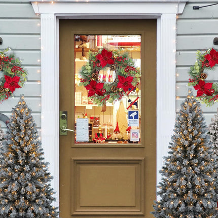 SHACOS 20 inch Artificial Christmas Wreath with Poinsettia Decorated with Green Eucalyptus Pine Cones Red Berries Christmas Balls Pine Needle, Xmas Wreaths for Indoor Outdoor Festival Home Decor