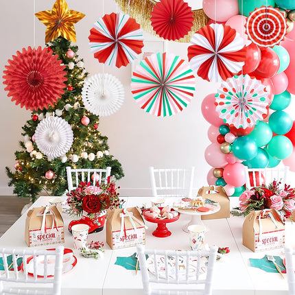 Christmas Hanging Decorations Indoor, Red Gold Peppermint Candy Hanging Christmas Decorations, Hanging Paper Fans, Xmas Wall Décor, Classroom Decorations for Xmas Holiday Ceilings Wall