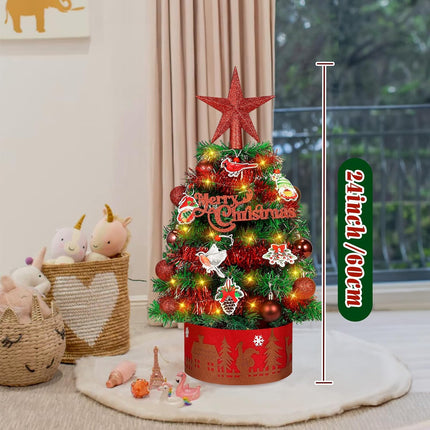 Tabletop Christmas Tree 24-inch Mini Christmas Tree with Red Cardinals Birds & LED String Lights, Star Treetop, Hanging Ornaments, Tabletop Small Xmas Tree for Holiday Indoor DIY Christmas Decor Green