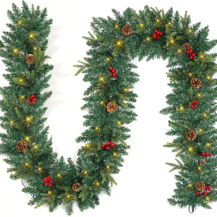 9 FT Christmas Garland with Lights，Battery Operated Lighted Garland with Pine Cones Red Berries Lush Branches，50 Warm White LED Lights，Christmas Decorations Indoor/Outdoor