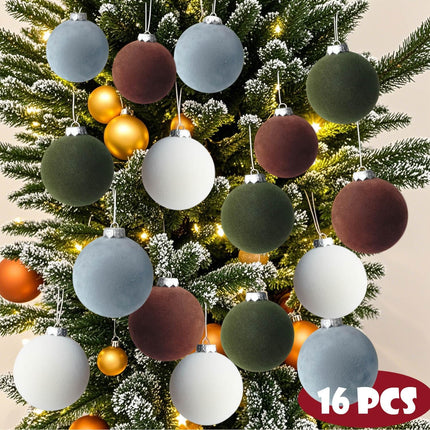 16 Pcs Velvet Christmas Balls Ornaments, 3.15" Shatterproof Flocked Christmas Tree Ornaments, Velvet Christmas Ornaments Xmas Tree Balls, Christmas Tree Decorations Brown Green Beige Dusty Blue