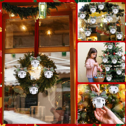 Aoriher 9 Pcs Christmas Bells Ornament 3.1" Rustic Christmas Jingle Bell Sleigh Letter Bells with Pine Cones Plaid Bow for Decoration DIY Holiday Door Window Tree Wreath Garland Party Supplies(White)