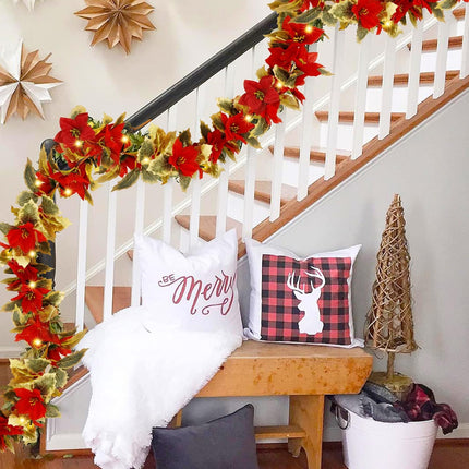 Glintoper Christmas Poinsettia Garland, 5.9 FT Lighted Artificial Garlands with 36 Red Flowers, Battery Operated with Timer Poinsettia String Lights, Light up for Xmas Year Home Decor
