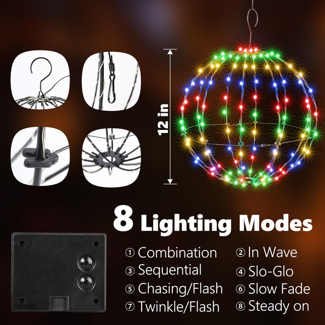 Christmas Outdoor Solar Ball Lights -12 Inch 120 LED Outdoor Garden Solar Hanging Tree Lights with 8 Lighting Modes,Memory Function Waterproof for Outdoor Decoraction (Mulitcolor, 12 Inch)