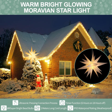 23" Moravian Star Outdoor Light, Waterproof 3D Christmas Tree Topper Lamp with Timer Function, White Led Hanging Star Lantern for Holiday Porch Room Party Decoration(Plug in)