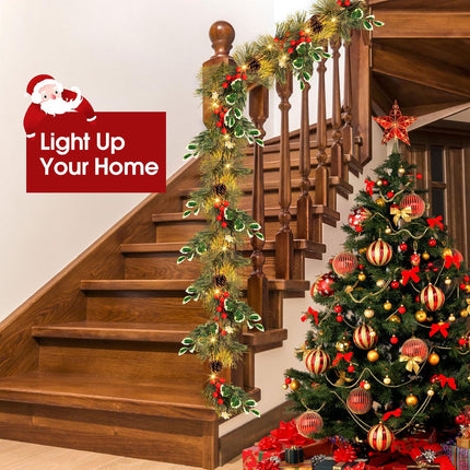 6FT Lighted Christmas Garland Pre-lit with 20 LED Lights, Battery Operated, Rustic Christmas Garland Decorated with Pine Cones, Red Berries, Pineneedle for Mantle Stairs Wall, Indoor Outdoor Use