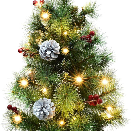Pre-lit Mini Christmas Trees, Little Christmas Tree with Flocked Pine Needles, Pine Cones, Berries Christmas Decoration, 2 ft Burlap Base Small Trees with 25 Led Lights for Table Top Xmas Decoration