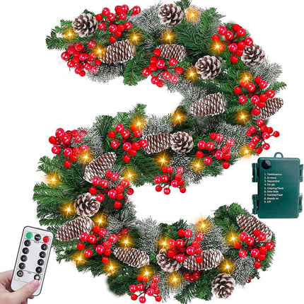 Remote Control&Timer&8 Modes 9Ft by 10 Inch 50 LED Prelit Christmas Garland Decorations Warm Lights Thick 300 Lifelike Snowy Tips 198 Red Berries 18 Pinecones Xmas Garland Fireplace Door Stairs Home