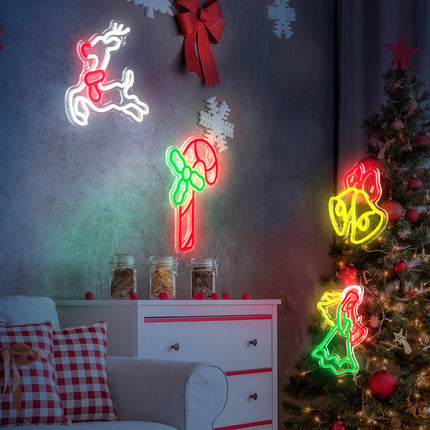 Retisee 4 Pcs Christmas Neon Sign Window Lights Decor, LED Neon Wall Decor, USB Powered Neon Light, Winter Decor for Christmas Party Home Bedroom Office Table Art s, Elk, Bells, Candy