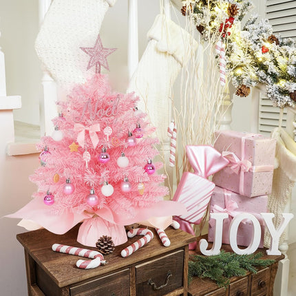 20" Mini Pink Christmas Tree Table Top Christmas Tree Artificial Xmas Tree Small Christmas Tree with Lights, Star Treetop and Balls, Tabletop Christmas Tree for Girls Rooms