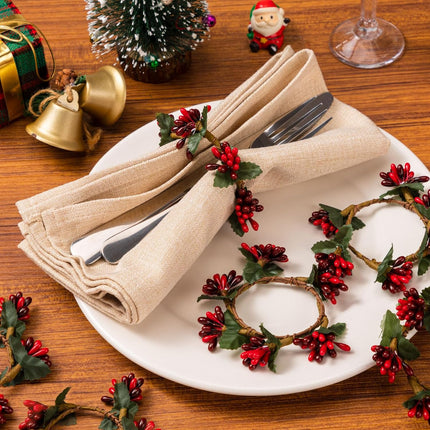 Noverlife 12 Set Christmas Napkin Rings, Artificial Foliage Berry Holiday Napkin Holders, Small Xmas Wreath Napkin Buckle Candle Rings Serviette Holders Banquet Table Decor for Christmas Dinner Party