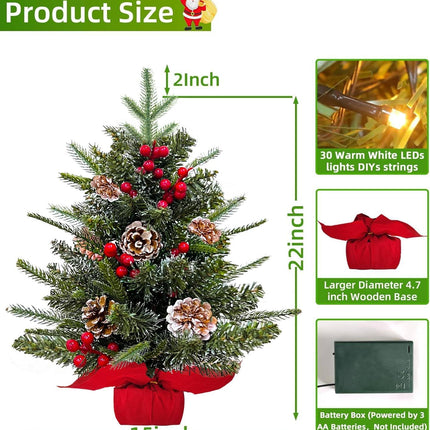 24 Inch Tabletop Christmas Tree,Realistic-Feel PE Norfolk Pine Frosted Mini Small Christmas Tree with Timer 30 LED Warm Lights Red Berry Pincone Cloth Base Cedar Artificial Xmas Tree Home Indoor Table
