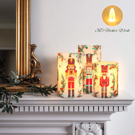 Christmas Flameless Candles Battery Operated, Holiday Nutcracker LED Candles with Remote, Realistic Pillar Candles for Xmas Tree, Mantel, Home Decor, Set of 3