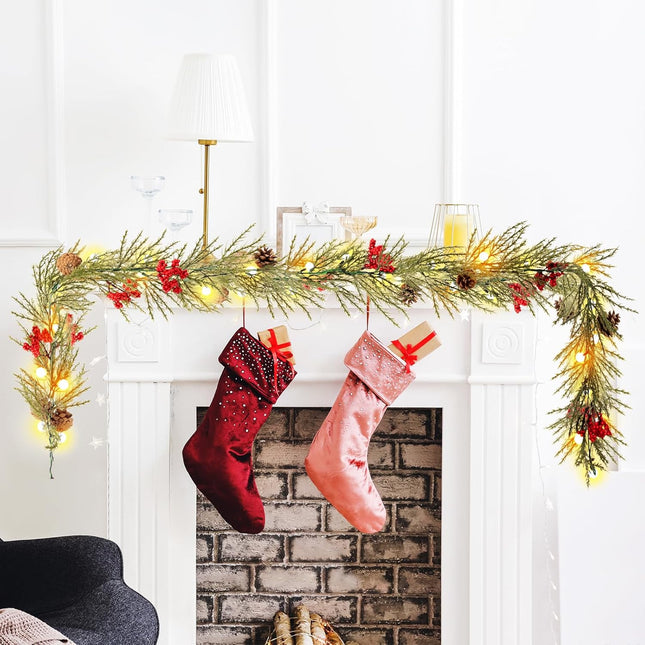 Christmas Garland with Lights, 6FT Artificial Red Berry Xmas Garland and Pinecones, Battery Operated with 20 Globe LEDs for Mantle, Front Door, Stairs Railing, Home Holiday, Indoor, Outdoor Decor