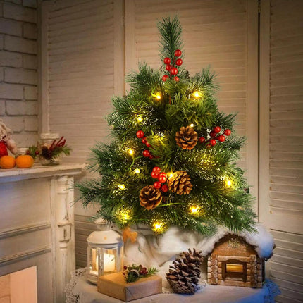 20 Inch Tabletop Mini Christmas Tree Pre-lit Artificial Mini Christmas Tree with Warm LED Lights, Red Berries Pinecone Ornaments for Christmas Home Indoor Decorations