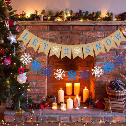 Doumeny Let It Snow Burlap Banner Winter Snowflake Garland Banner Xmas Be Merry Bunting Banner Blue White Snowflake Party Banner Merry Christmas Hanging Banner for Holiday Home Fireplace Mantel Decor