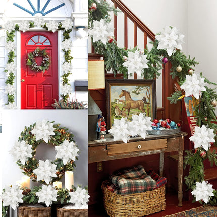 15 Pcs Christmas Flowers Artificial Poinsettia Flower Decorations with Clips and Stems, Glitter Christmas Poinsettia Decorations, Christmas Tree Ornaments for Party Wreath DIY（White）