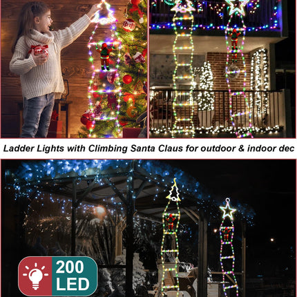 Christmas LED Ladder Lights, 10ft Christmas Decorative Light with Climbing Santa Claus, Christmas Decorations Lights for Indoor Outdoor Garden Xmas Tree Decor (Star-A)