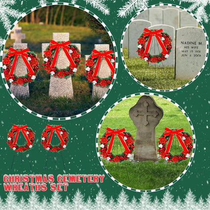 Crowye 4 Pcs Christmas Memorial Cemetery Wreath Set Includes 2 Pcs 20in Christmas Wreath 2 Pcs 30in Easel Stand Holiday Outside Yard Wreath Decoration for Outdoor Gravestone Headstone(Poinsettia)