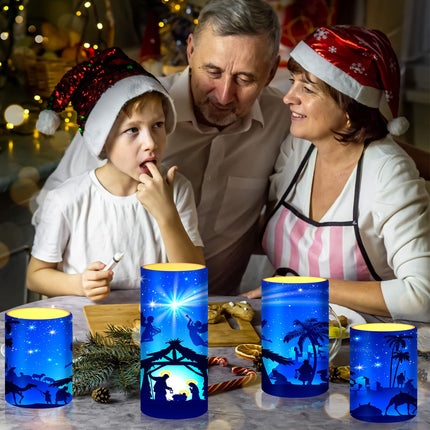Tiamon Christmas Nativity Scene Candles LED Religious Theme Flameless Candles Battery Operated LED Warm Light Flickering Candles Xmas Pillar Candle Set for Holiday Table Decorations (Romantic)