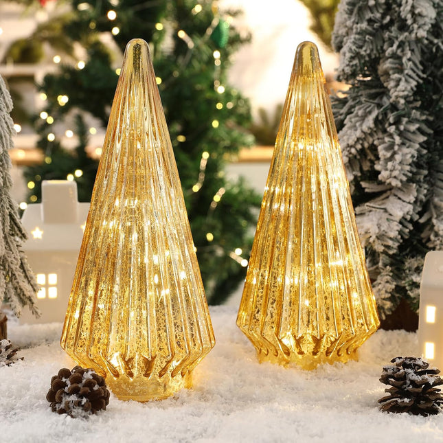 Christmas Decorations Indoor-2PCS Light Up Gold Glass Christmas Tree -Christmas Table Decorations Lighted for Home Living Room Fireplace Tabletop Party