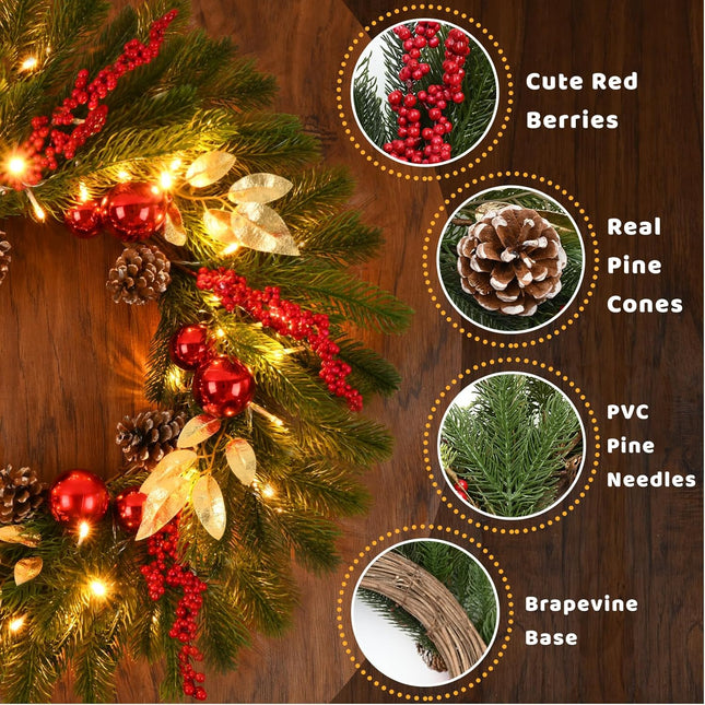 Waipfaru Christmas Decorations, Christmas Wreaths for Front Door, 20 Inch Christmas Ball Wreath with Lights, Lighted Christmas Door Wreath for Outdoor Indoor Window Wall Xmas Winter Decor