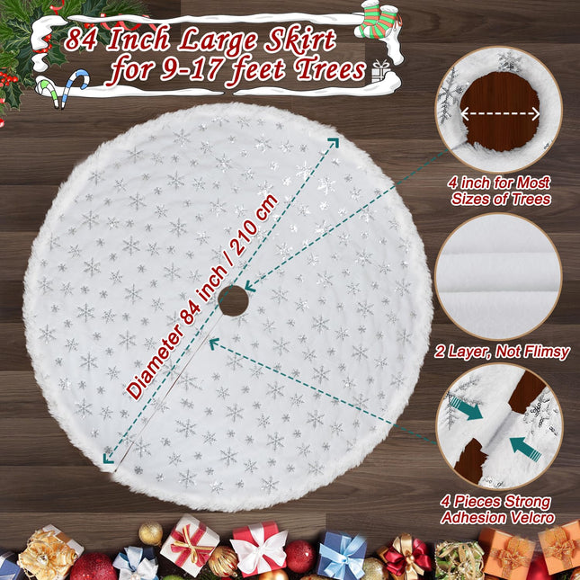 84 Inch Christmas Tree Skirt Extra Large, Faux Fur White Tree Skirt for 9 to 17 ft Xmas Tree, Plush Soft Thickened Mat with Silver Sequin Snowflake for Xmas Tree Decor Reusable Christmas Decorations
