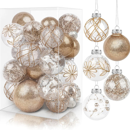 24 Pcs Champagne Christmas Ornaments, Clear Farmhouse Rustic Christmas Ornaments Hanging Christmas Tree Decorations, Holiday Christmas Ball for Xmas Party Home Decor
