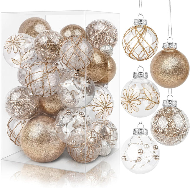 24 Pcs Champagne Christmas Ornaments, Clear Farmhouse Rustic Christmas Ornaments Hanging Christmas Tree Decorations, Holiday Christmas Ball for Xmas Party Home Decor
