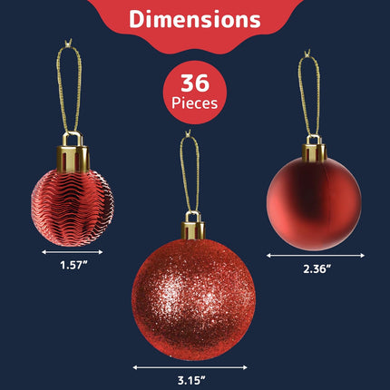 Prextex 36pc Shatterproof Christmas Ball Ornaments - Red, 6 Styles in 3 Sizes, with Hanging Loops for Tree, Wreath, Party Decor