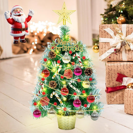 Mini Tabletop Christmas Tree with Lights 20" Small Prelit Artificial Desktop Christmas Tree Snow Flocked Pine Tree wiith Xmas Ball Ornaments