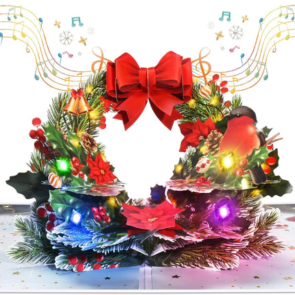 Pop Up Christmas Cards with Lights and Music, 3D Christmas Wreath Design, Handmade Musical Popup Greeting Card for Christmas Holiday Includes Envelop, Playing 'We Wish You a Merry Christmas'