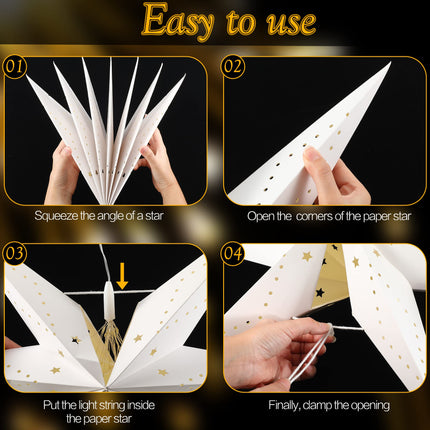Hiboom Paper Star Lantern 24 Inch, 8 Mode 50 LEDs Firework Fairy String Lights, Light up Hollow Out Star Hanging Decoration for Indoor Outdoor Room Wedding Christmas Party(2 Pack)