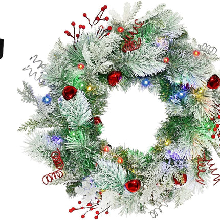 Christmas Wreath for Front Door 24inch - Light Up Artificial Christmas Wreath, Lighted Christmas Wreaths Battery Operated, with Bells and Wreath Hanger, for Front Door Wall Windows Xmas Decoration