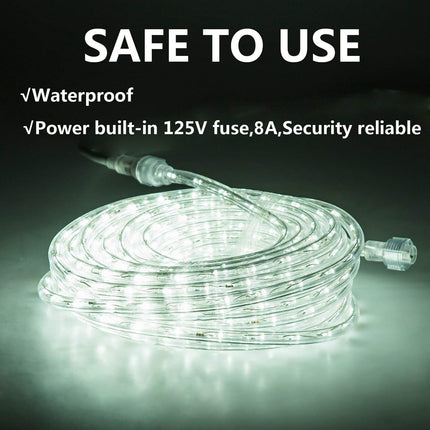 50ft/15m Plug in LED Rope Lights, 540 Daylight White LEDs, 110V, 2 Wire, Waterproof,Connectable, Power Socket Connector Fuse Holder, Indoor/Outdoor Use, Ideal for Backyards, Decorative Lighting