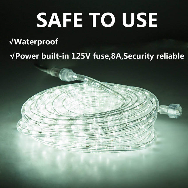 50ft/15m Plug in LED Rope Lights, 540 Daylight White LEDs, 110V, 2 Wire, Waterproof,Connectable, Power Socket Connector Fuse Holder, Indoor/Outdoor Use, Ideal for Backyards, Decorative Lighting