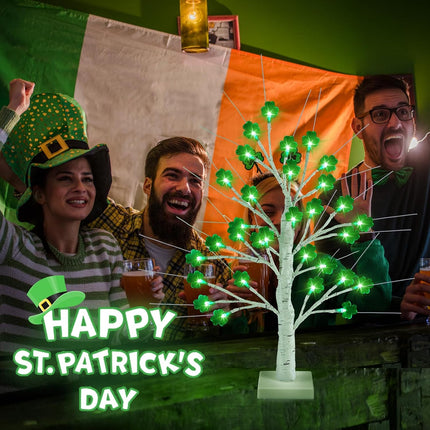 St. Patrick's Day Lighted Birch Tree with Timer, 32 LED Green Shamrock Artificial Tree, Branches Ornaments for Irish Home Party Decorations - USB & Battery Operated