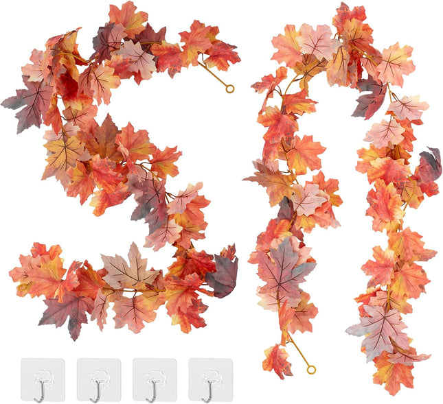 2 Pack Fall Garland 5.7ft/Piece 3D Artificial Fall Leaves Garland Hanging Vine Fall Decorations for Home Fall Maple Leaf Garland for Mantle Thanksgiving Party Fireplace Outdoor Porch Decor