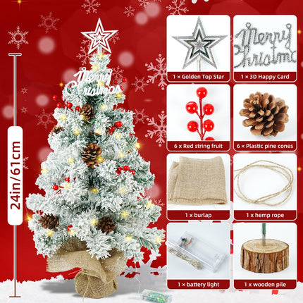24 Inch/2 FT Mini Christmas Tree Blind Box, Small Tabletop Flocked Tree with LED Lights, Pine Cones, Star Tree Topper, Snow Flocked Artificial Pine Xmas Tree,Mini Box and Cloth Bag Base