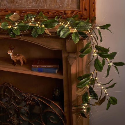 LITBLOOM Faux Magnolia Garland with Lights 6FT Battery Operated with Timer or USB Plug in, Lighted Greenery Garland with 80 Fairy Lights for Home Fireplace Mantle Holiday Decoration Inside