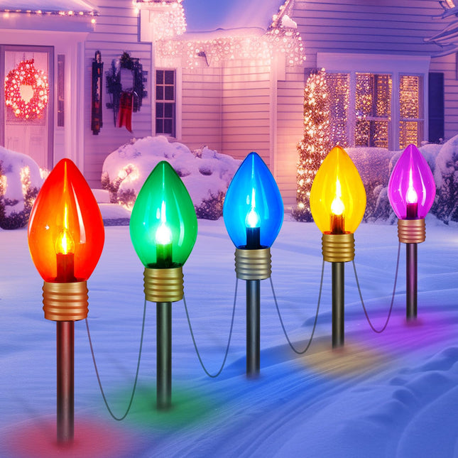 Minetom Jumbo Christmas Pathway Lights Outdoor with Marker Stakes, 10.5 Ft 5 LED C9 Shaped Christmas Lights Multicolored Giant Bulb String Lights, for Holiday Walkway Driveway Garden Yard Decoration