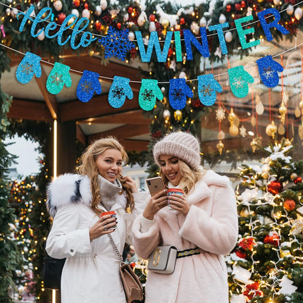 Glitter Hello Winter Banner with Snowflake Signs and Blue Glittery Gloves Banner Winter Snowflake Garland Banner Christmas Holiday Winter Wonderland Birthday Baby Shower Party Mantle Decorations