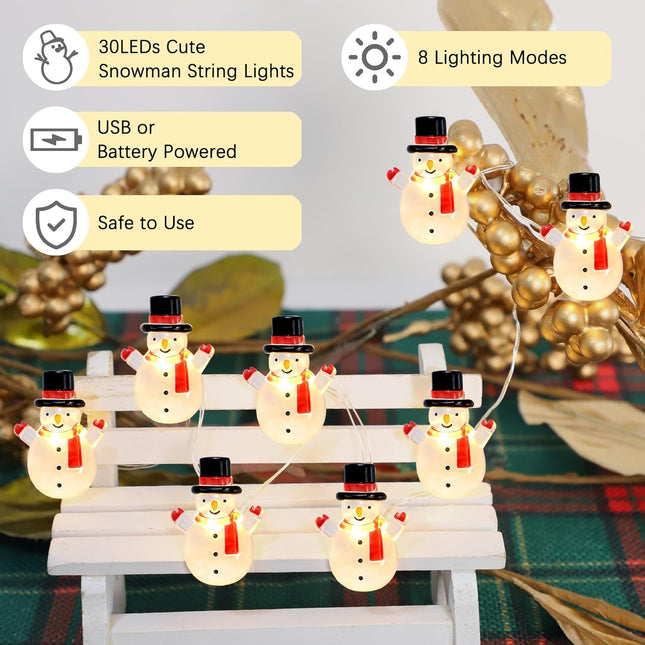 Silverstro Snowman Christmas String Lights: 10 Ft 30 LED USB & Battery Powered Fairy Lights with Remote - Kid's Room Bedroom Kitchen Party Xmas Tree Decor
