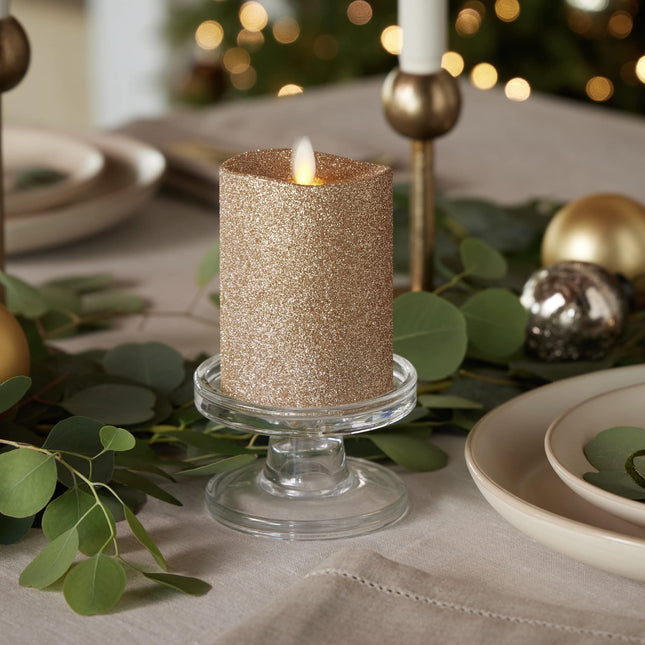 Luminara Realistic Artificial Flame Gold Metallic Glitter Candle (3 x 4-inch) Moving Flame LED Battery Operated Lights - Unscented - Remote Sold Separately