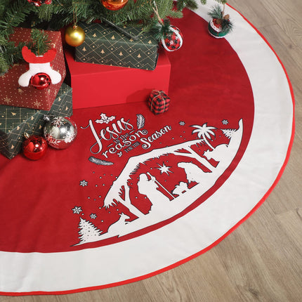48 Inch Christmas Tree Skirt Nativity Scene Holy Family Xmas Tree Mat Jesus is The Reason for The Season Tree Skirt Pad Double Layer Round Tree Skirt for Christmas Holiday Jesus Party Decor (Red)