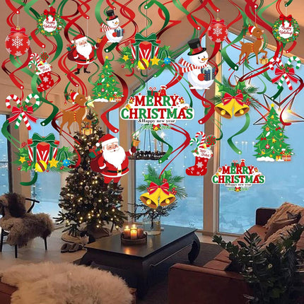 40pcs Christmas Swirls Decoration, Konsait Red Green Party Merry Christmas Hanging Swirls Garland Foil Ceiling Ornaments,Xmas Holiday Party Decor Supplies,Snowman Christmas Tree, Already Assembled