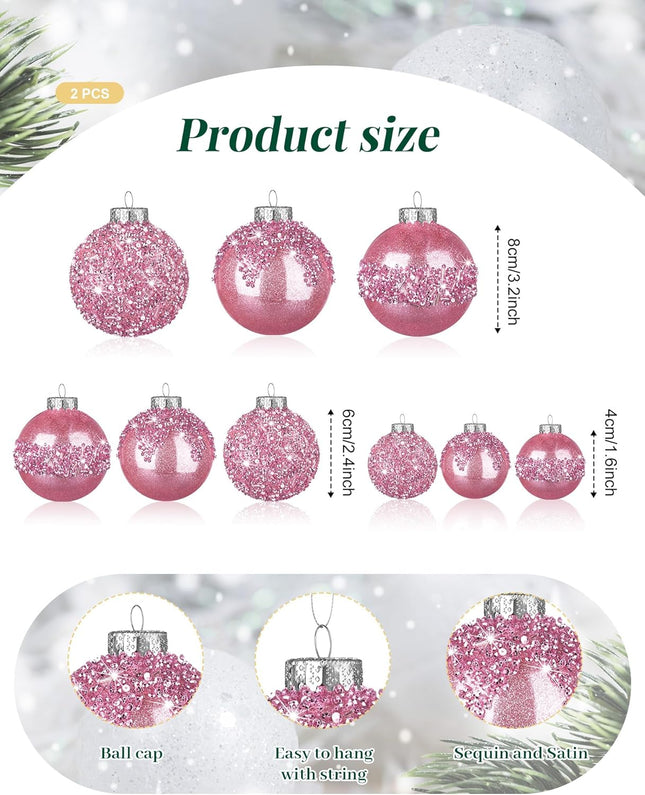 Civaner 24 Pcs Glitter Christmas Ball Ornaments Set 3.2'' 2.4'' 1.6'' Christmas Tree Ornaments Hanging Sequin Shatterproof Balls for Xmas Tree Wreath Garland Christmas Home Decor(Pink)